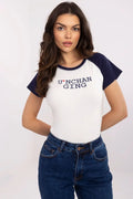 T-shirt femme raglan court manches blanc crème bleu marine coton élasthanne ajusté texte cœur