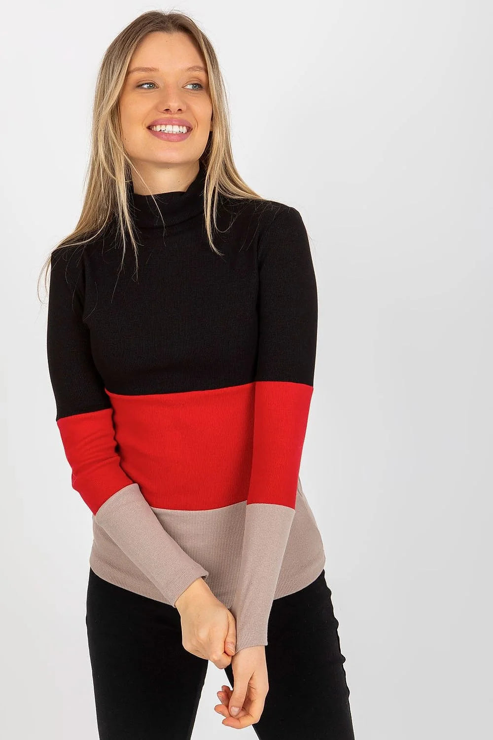 Pull col roulé multicolore maille côtelée coton élasthanne bleu rose vert ajusté manches longues ourlets nets design moderne