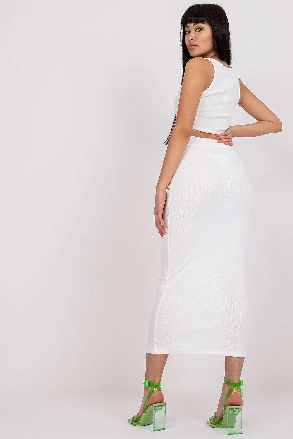 Ensemble femme crop top sans manches jupe longue taille haute tissu rayures coton élasthanne confort style minimaliste