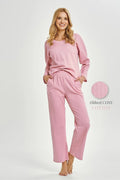 pyjama femme coton côtelé rose ensemble pièces haut manches longues décolleté V pantalon taille élastique poches coupe ample cosy doux
