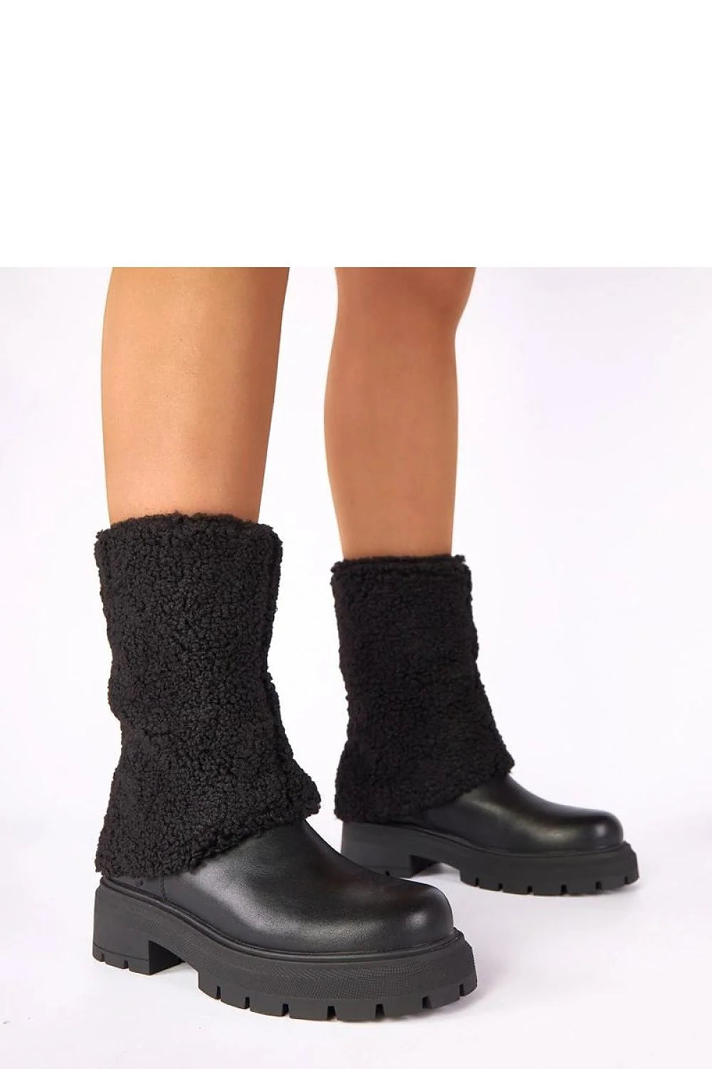 bottines femme noires mi mollet chunky hivernal tige sherpa bouclée empeigne lisse semelle plateforme crampons talon bloc bas confort ajusté