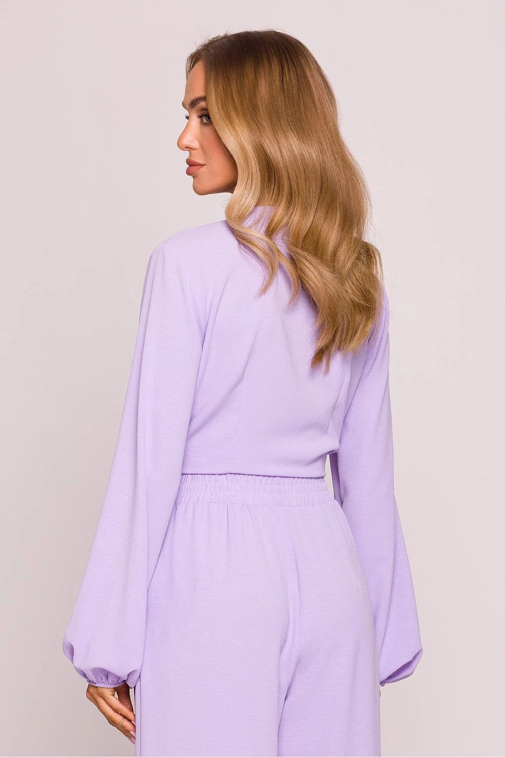 Chemisier Moe élégant tissu léger froissé décolleté V manches longues nœud asymétrique taille ajustable femme