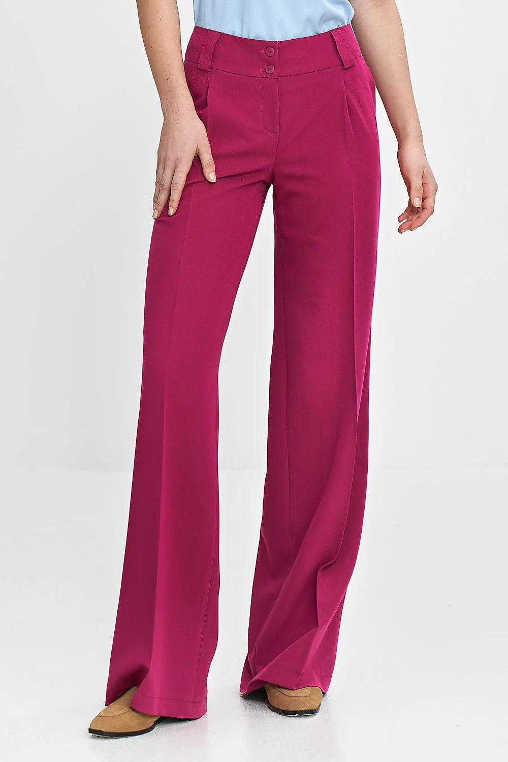 Pantalon long femme coupe ample taille haute magenta vif large leg ceinture passants fermeture glissante