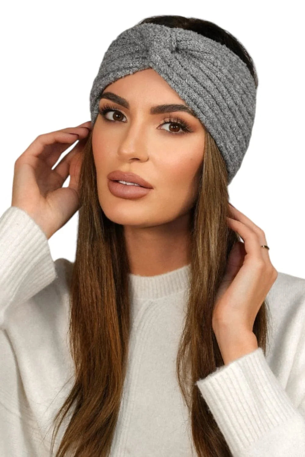 Bandeau Kamea en laine mélange style turban nœud central gris chiné femmes hiver accessoire mode élégance protection thermique