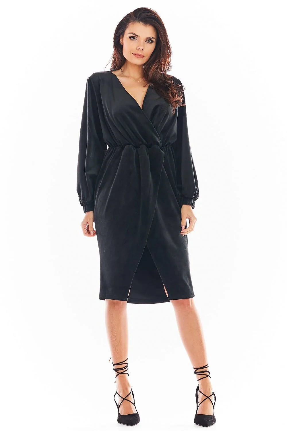 Robe de soirée élégante style portefeuille manches longues en velours élastique couleur noire taille ajustable pour femmes occasion formelle