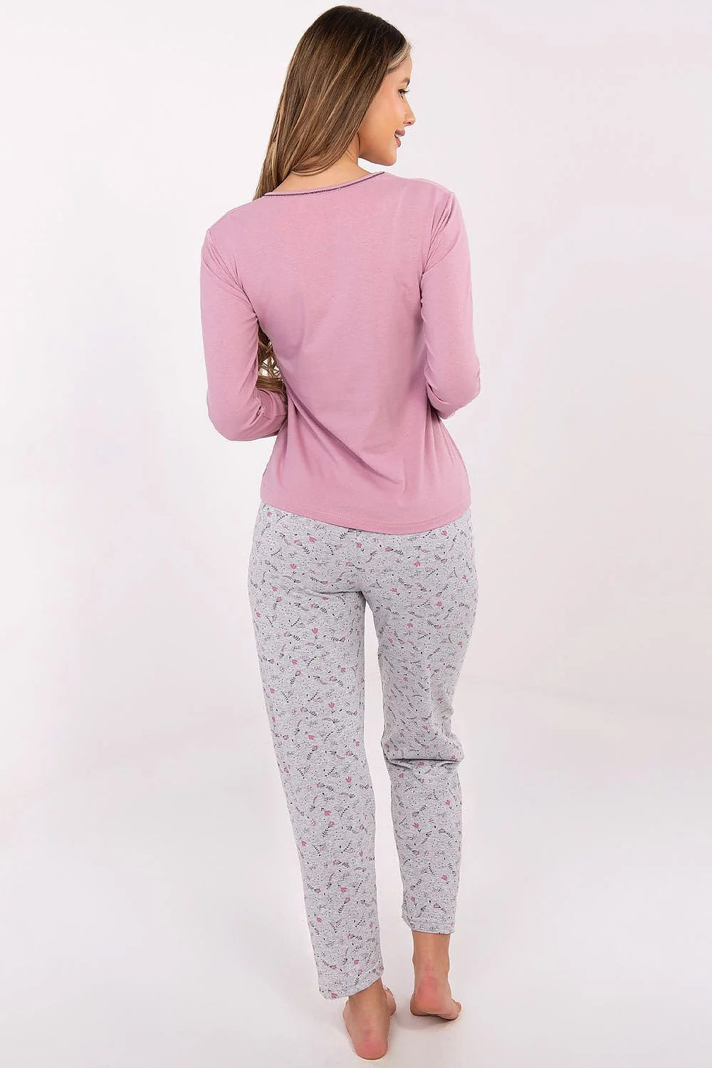 pyjama femme deux pièces coton doux respirant manches longues encolure ronde haut imprimé floral trois fleurs pantalon gris chiné confortable