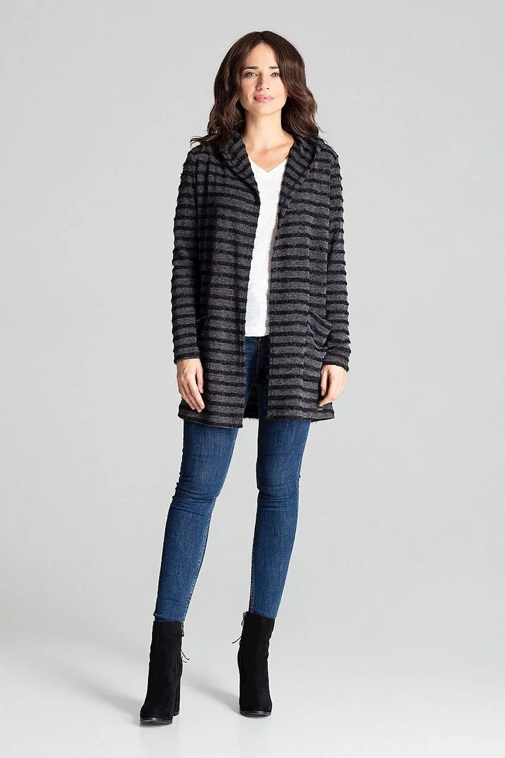 Cardigan femme maille rayée douillette style casual capuche poches pratiques pour quotidien et loisirs