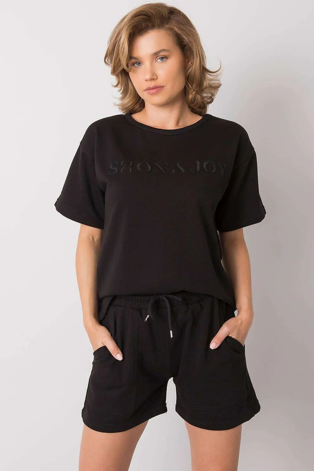Ensemble été blouse et shorts femme coton polyester style urbain décontracté confortable coupe ample poches noire