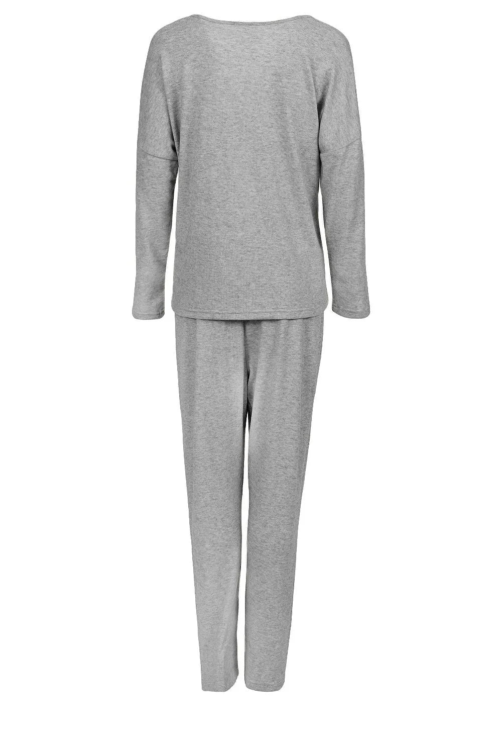 Pyjama pour femme en deux pièces élégant et confortable, homewear classe en coton mélangé, couleur grise chinée, taille élastique ajustable, pantalon droit ajusté, haut col V manches longues