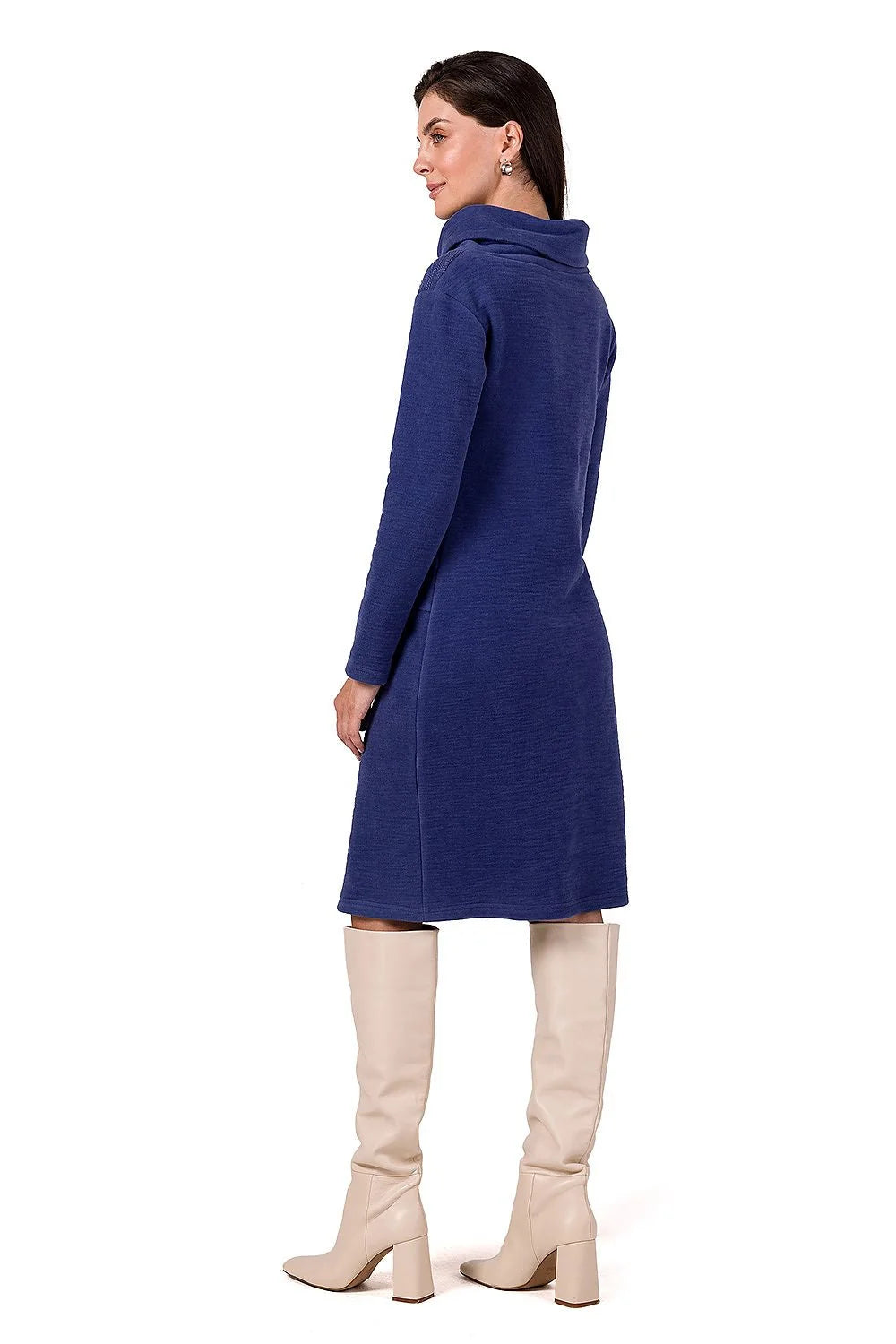 Robe de jour Be Wear style élégant modern coupe ajustée manches longues col châle croisé bleu profond femme