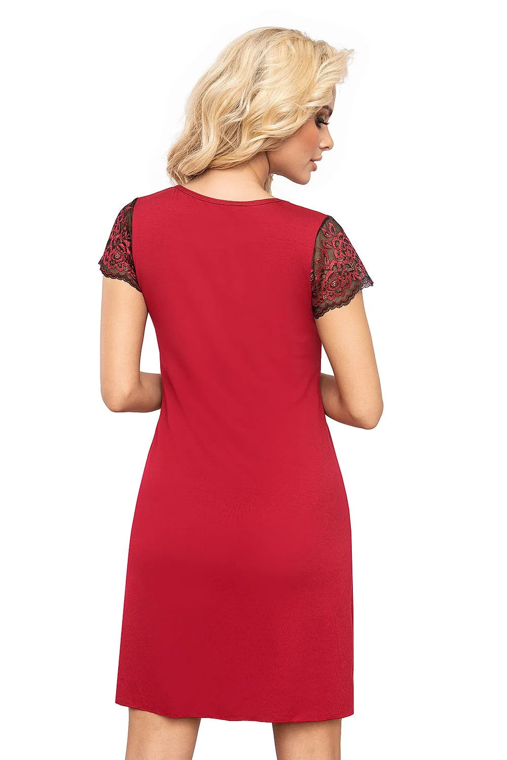 Robe élégante ajustée manches courtes dentelle noire motifs floraux rouge vif femme soirée jour