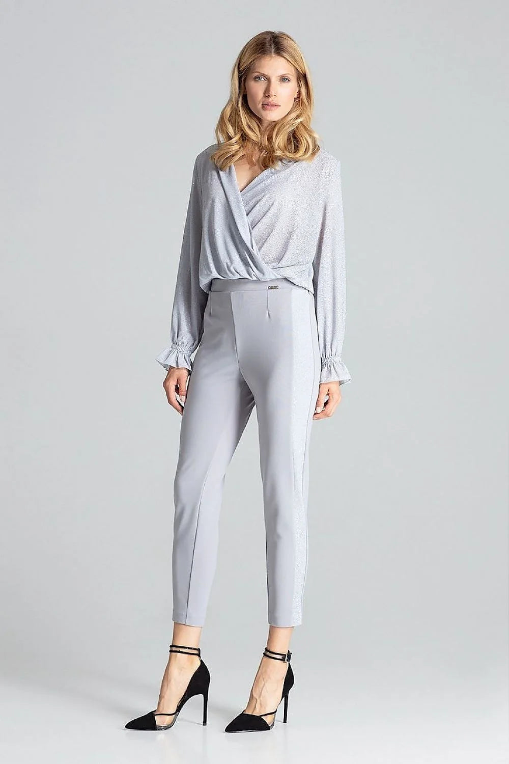 Pantalon femme noir brocart taille haute élasthanne polyester élégant fuselé semi-formel chic et confortable
