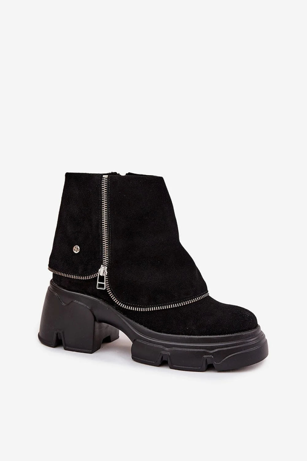 bottines femme cuir naturel noir tige mi cheville zip latéral zip décoratif semelle plateforme crantée talon bloc massif