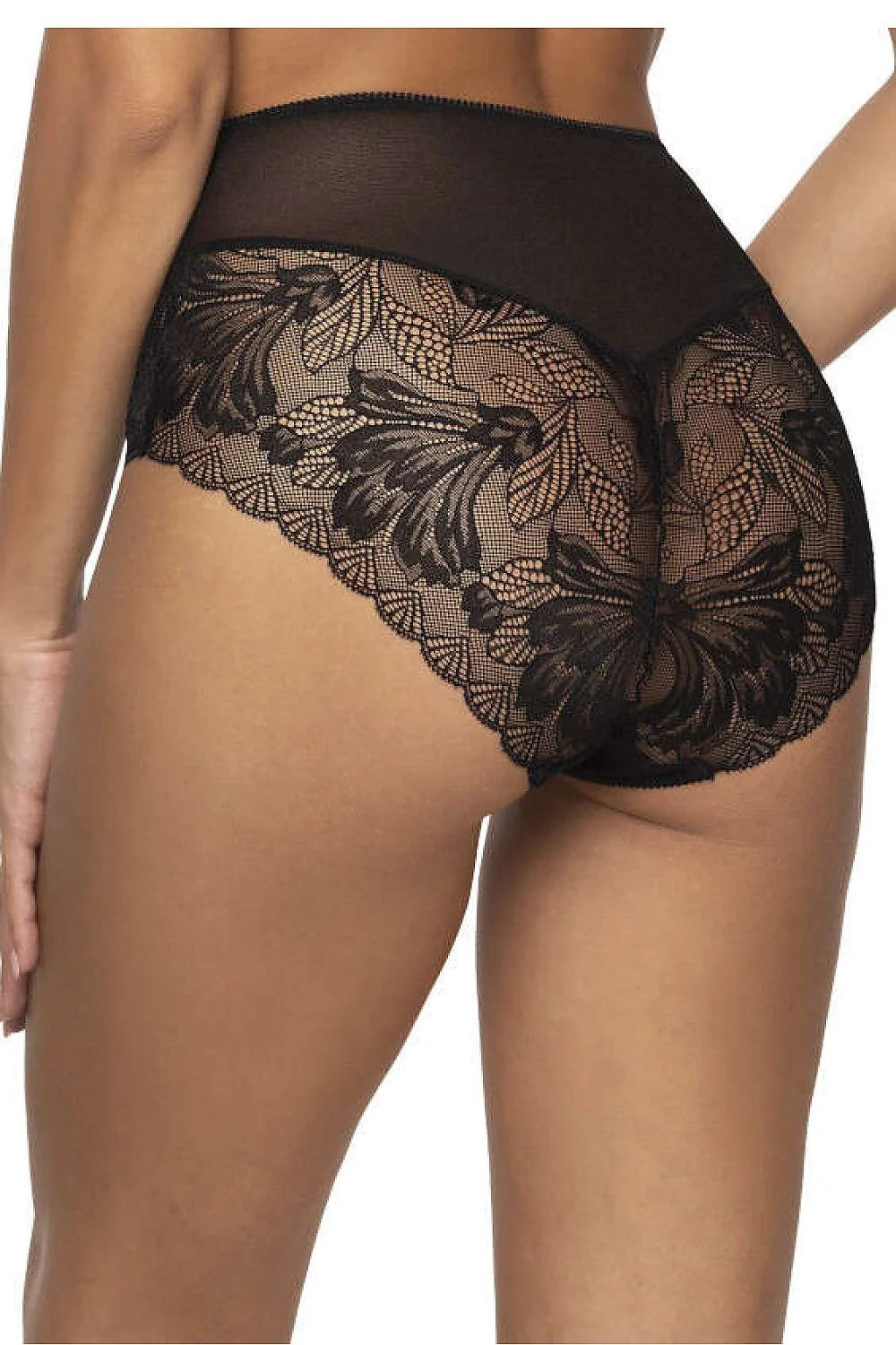 Culotte haute féminine en dentelle et tulle noir, taille ajustable, confort élégance, style rétro chic, lingerie sophistiquée femme