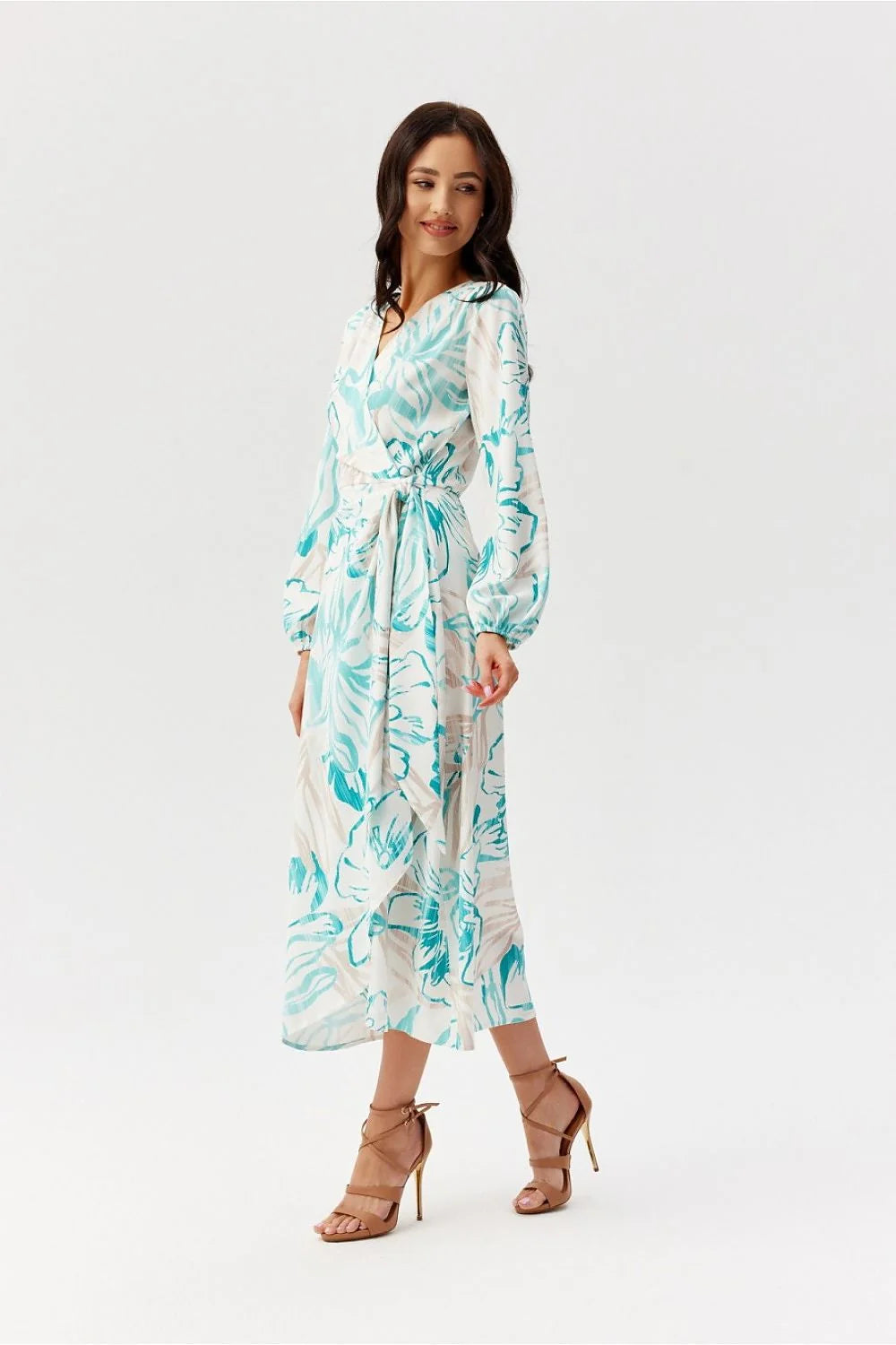 Robe de jour chic décontractée midi manches longues cache-coeur floral turquoise beige femme mode
