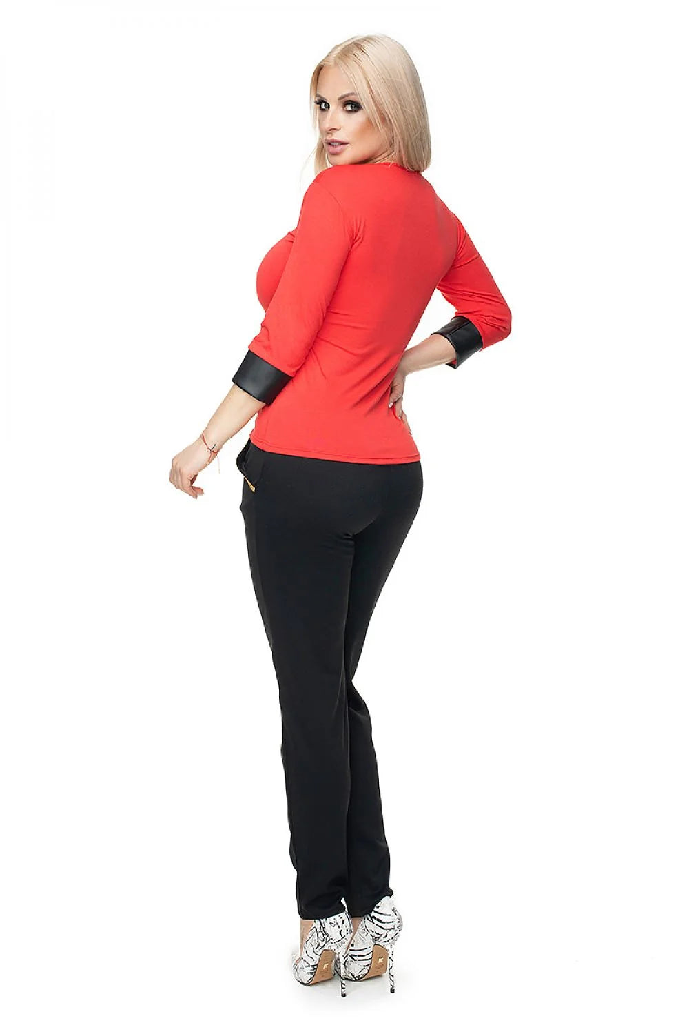 Chemisier Pee Ka Boo en coton élasthanne manches 3/4 cuir écologique poignets contrastants couleur rouge vif style élégant féminin femme mode