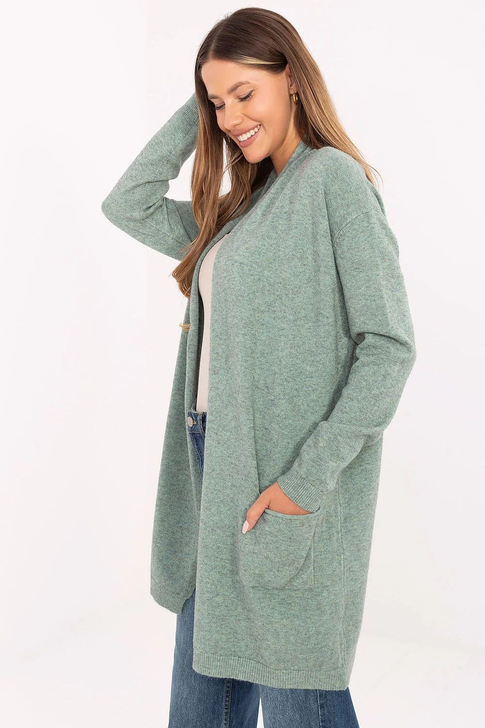 cardigan poncho femme ouvert col châle vert sauge maille douce légère viscose modal nylon manches longues poches plaquées