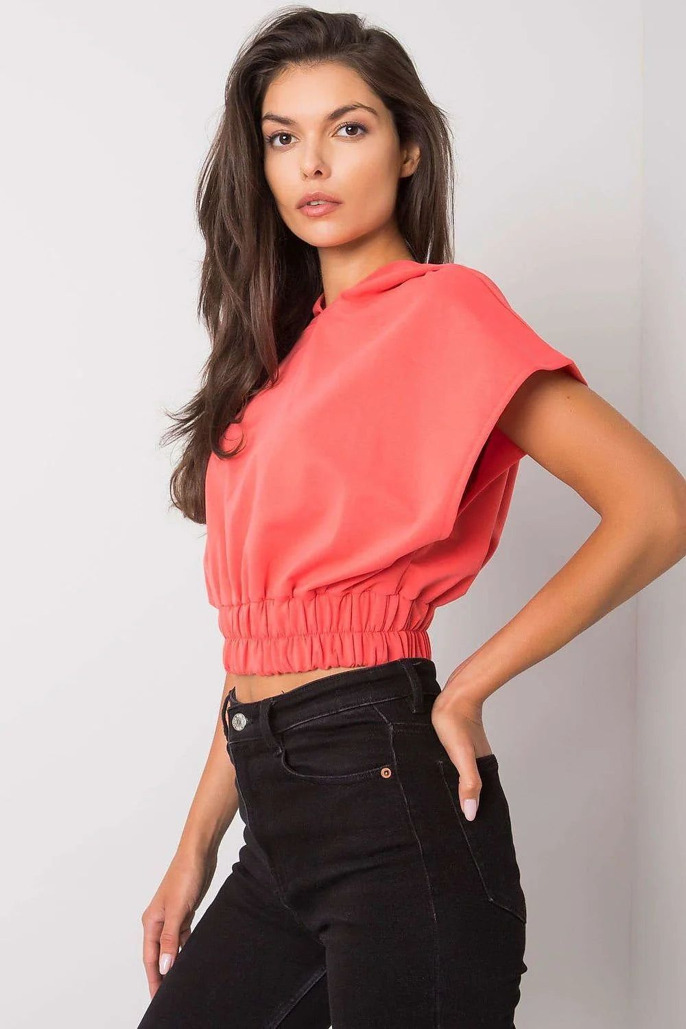 Sweatshirt femme Fancy style moderne couleur turquoise large manches courtes capuche élastique coton polyester