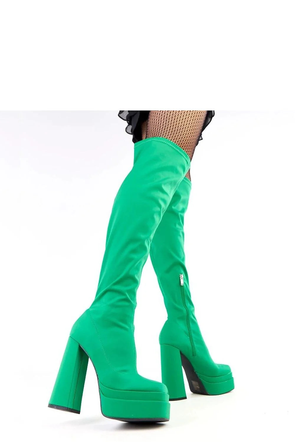 bottes mousquetaire cuissardes vert vif tissu stretch tige haute 53cm plateforme talon poteau nez carré doublure chaude