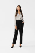 Pantalon femme Stylove élégant tissu résistant taille haute jambes.slim ourlet pressé fermeture glissante auto-agrippante noir blanc motif géométrique