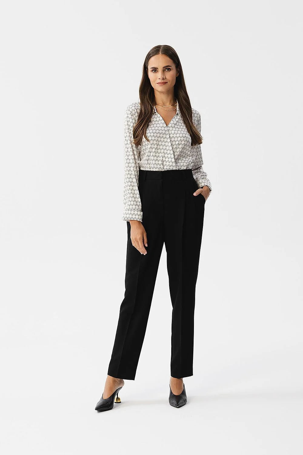 Pantalon femme Stylove élégant tissu résistant taille haute jambes.slim ourlet pressé fermeture glissante auto-agrippante noir blanc motif géométrique