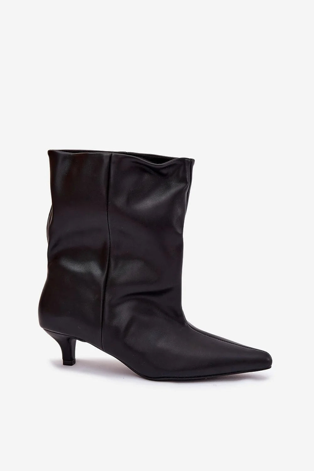 bottines femme noir simili cuir lisse bout pointu tige froncée mi mollet talon kitten bas slipon coutures élégantes