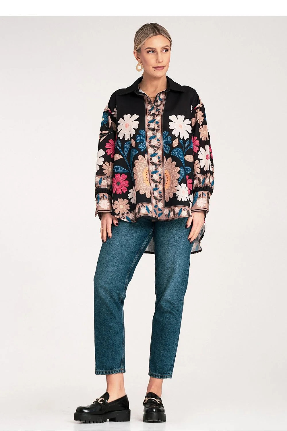 Chemise longue manches longues motif floral coloré femme polyester 100% coupe ample col classique