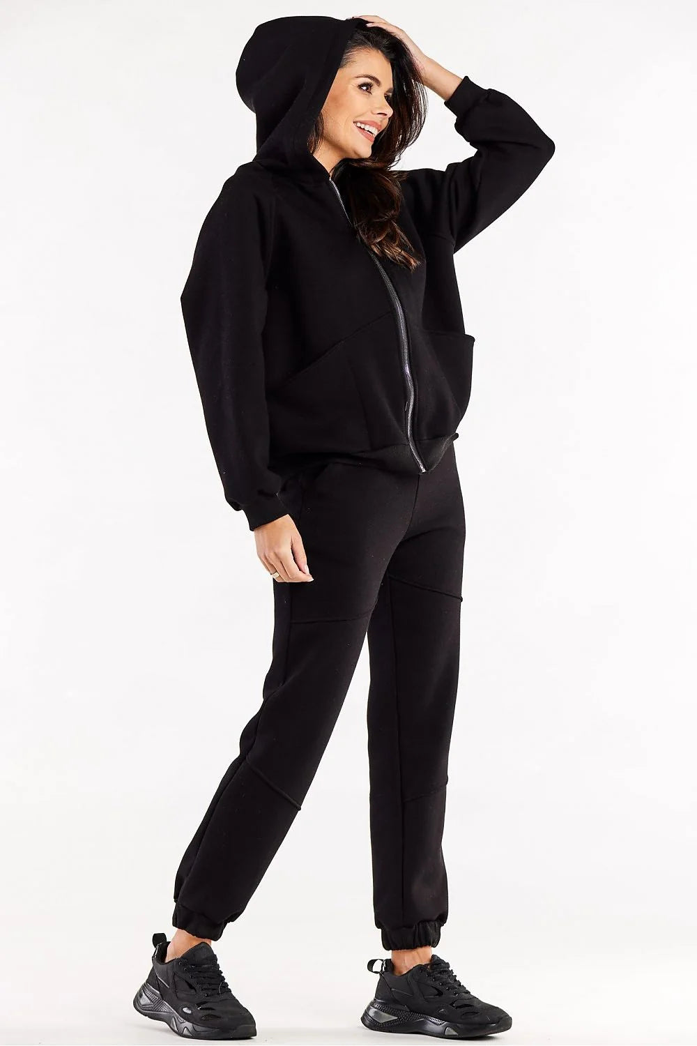 Sweatshirt femme mode Casual Infinite You pull à capuche fermeture glissante coton élasthanne noir loose fit