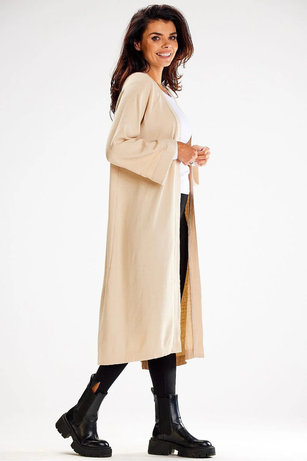Cardigan awama long à manches larges ceinture nouée matière douce nylon pbt viscose beige universelle