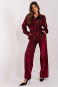 Ensemble Lakerta robe soirée élégante velours brillant rouge bordeaux manches longues col montant coupe fluide femme