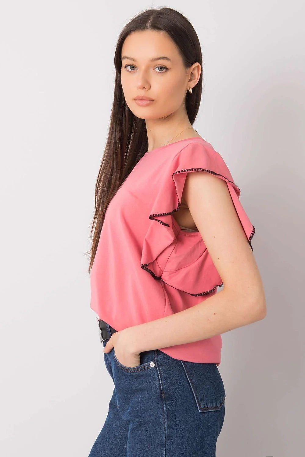chemisier fancy élégant manches volants coton stretch confortable respirant coupe ample fluide col rond finition noire contrastée polyvalent féminin