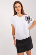 Chemisier BFG en coton blanc, manches courtes, col V, détails floraux, style élégant, pour femmes, quotidien, travail, soirées