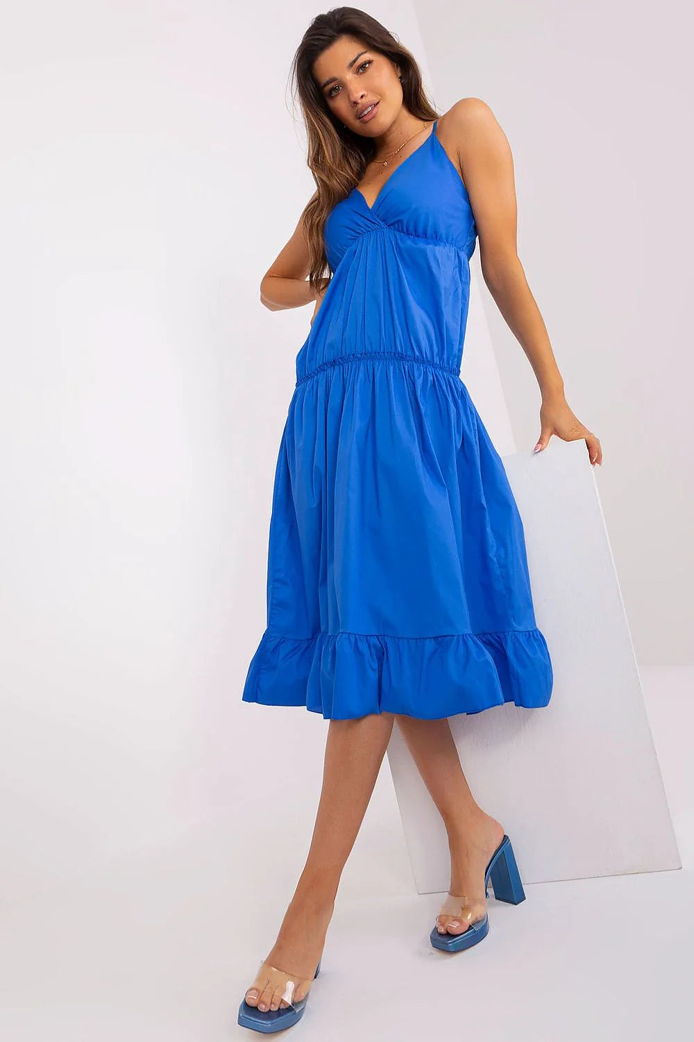 Robe de jour Och Bella bleu vif décontractée encolure V profond bretelles ajustables jupe évasée coton 98% elasthanne 2% femme été