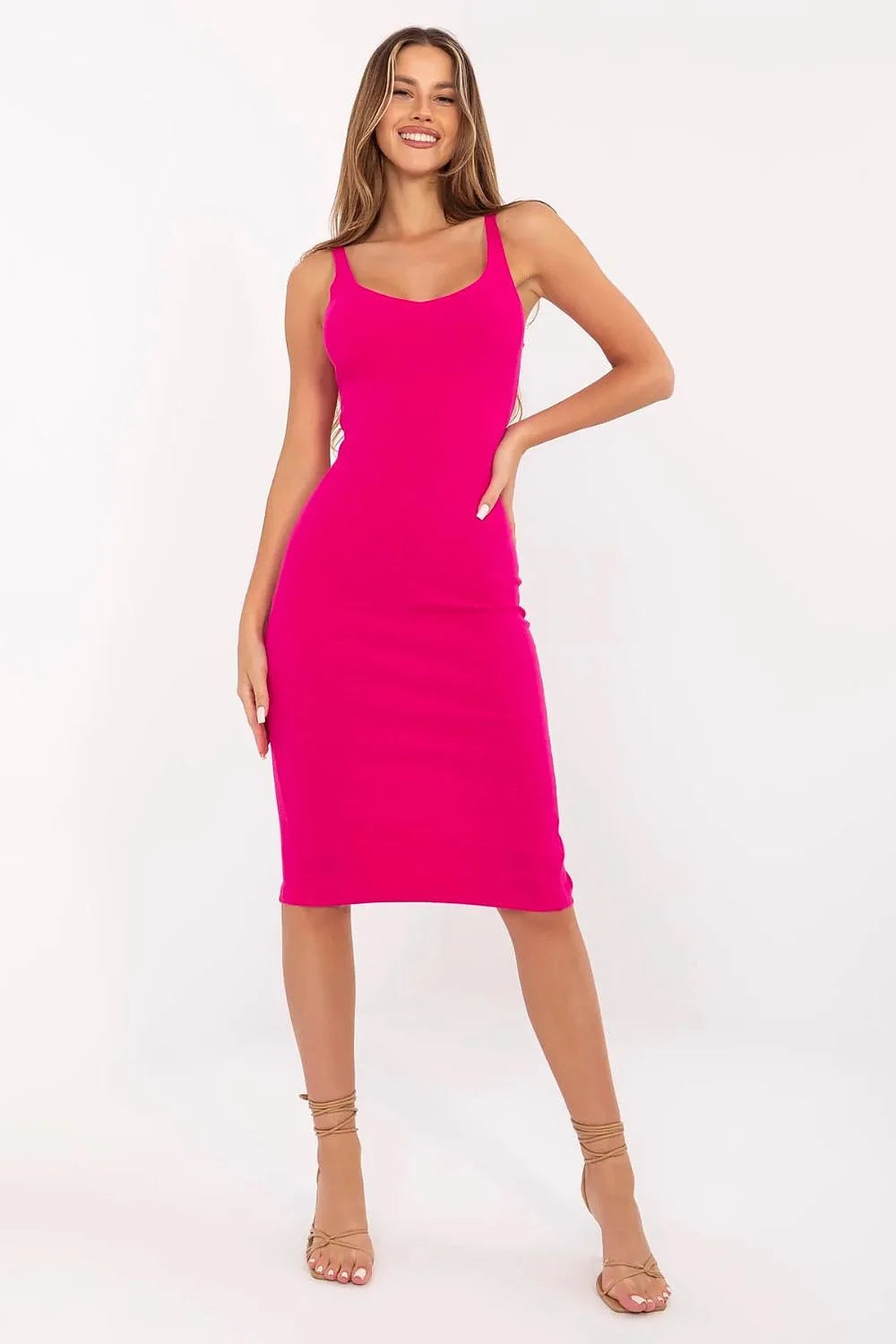 robe crayon midi moulante fuchsia rayée stretch coton elasthanne bretelles larges encolure droite fente latérale mi cuisse ourlets soignés sophistiquée