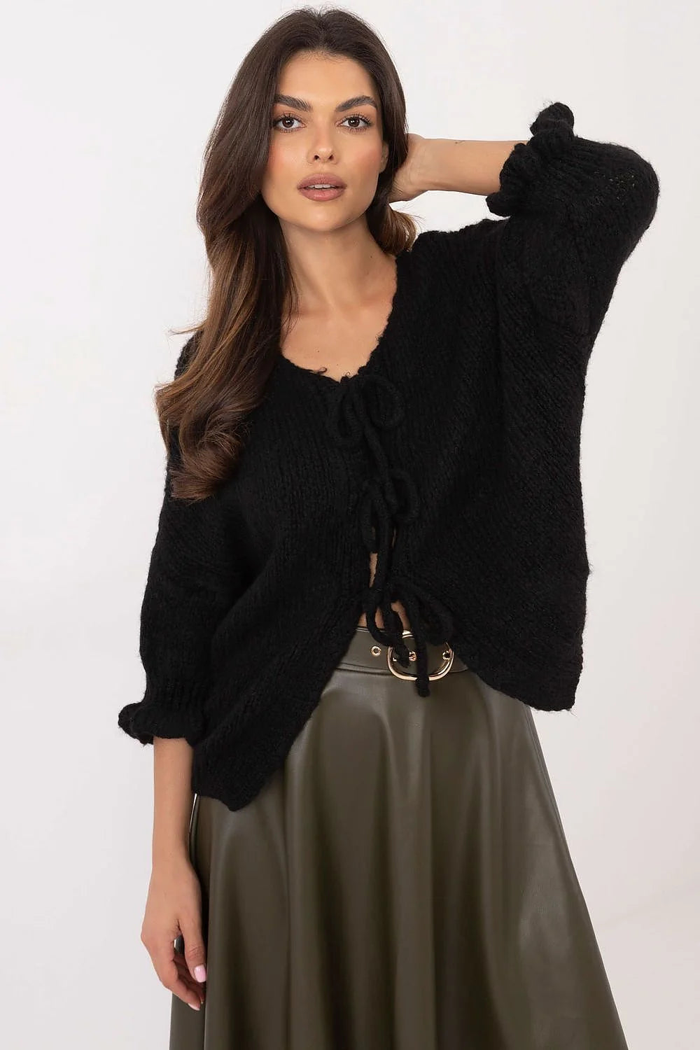 Cardigan pour femme Italy Moda en acrylique doux, style décontracté, fermeture à trois cordons, couleur noire, manches 3/4, longueur standard, mode universelle