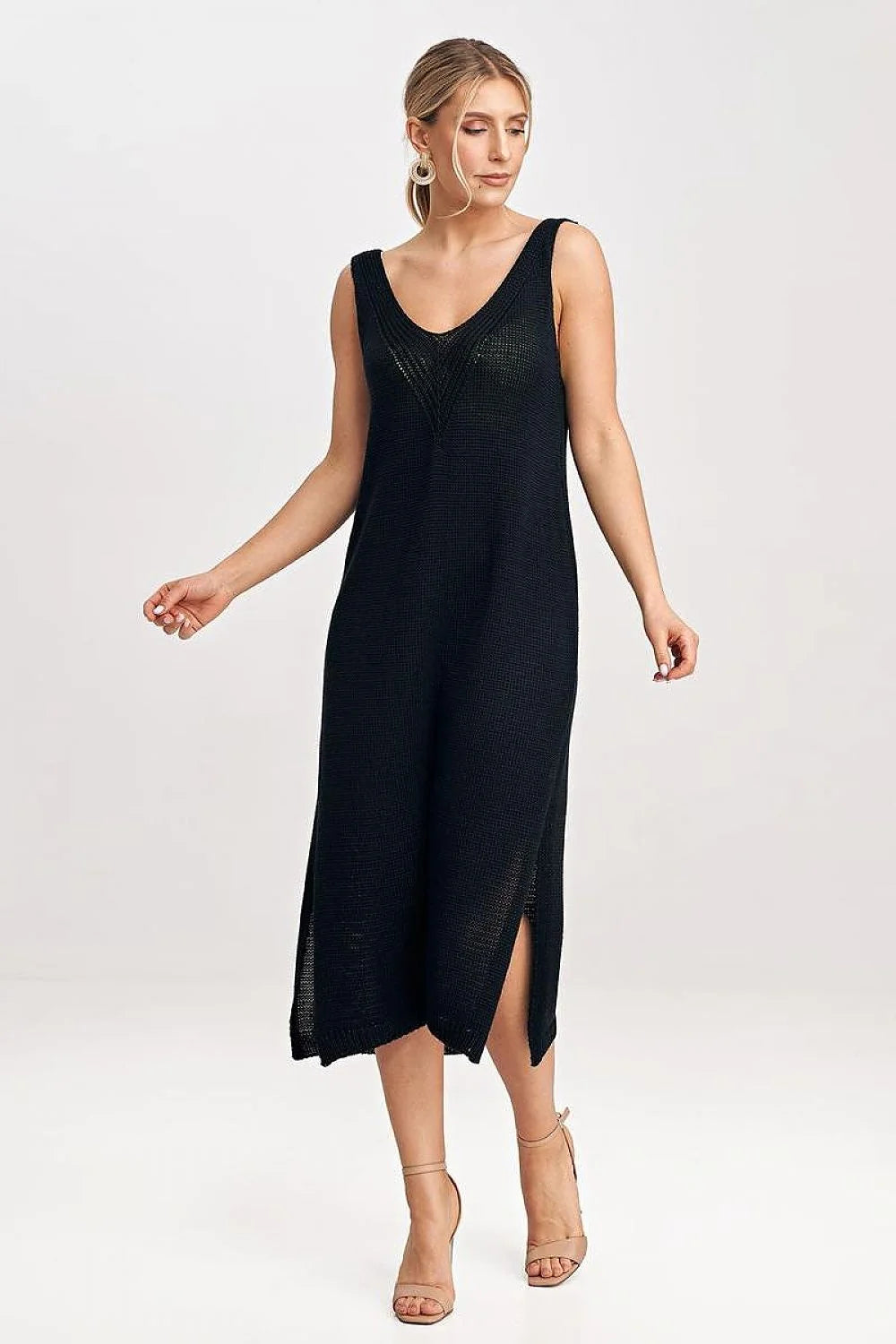 Ensemble Figl robe longue cardigan fleur manches longues maille fine noire femme occasion élégante