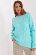 Pull femme maille géométrique turquoise longues manches encolure ronde coupe décontractée 50 viscose 50 polyester