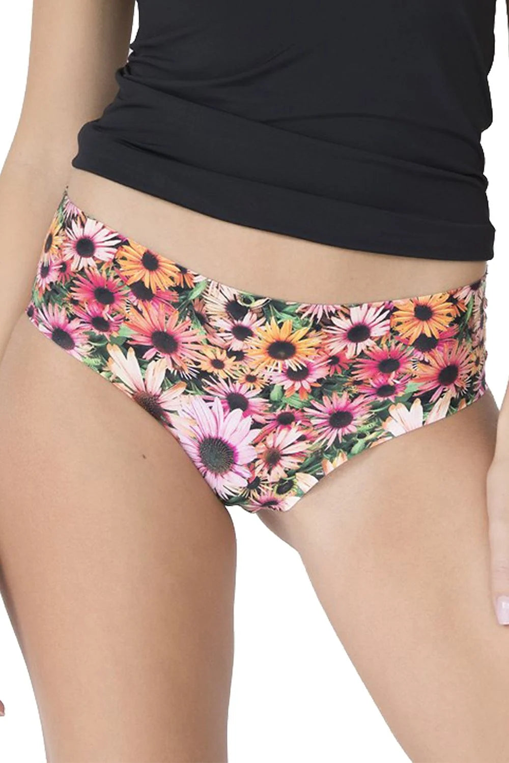Julimex culotte bikini taille basse hipster couvrance moyenne floral multicolore marguerites feuillage extensible lisse élasthanne polyamide sans coutures bords plats