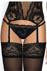 lingerie féminine sophistiquée noire dentelle motifs floraux transparente body plongeant string assorti jarretelles réglables bas autofixants bande silicone intérieure