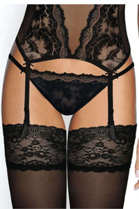 lingerie féminine sophistiquée noire dentelle motifs floraux transparente body plongeant string assorti jarretelles réglables bas autofixants bande silicone intérieure
