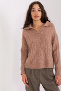 Pull femme décontracté élégant tricot torsadé couleur marron clair manches longues col V polo bords côtelés