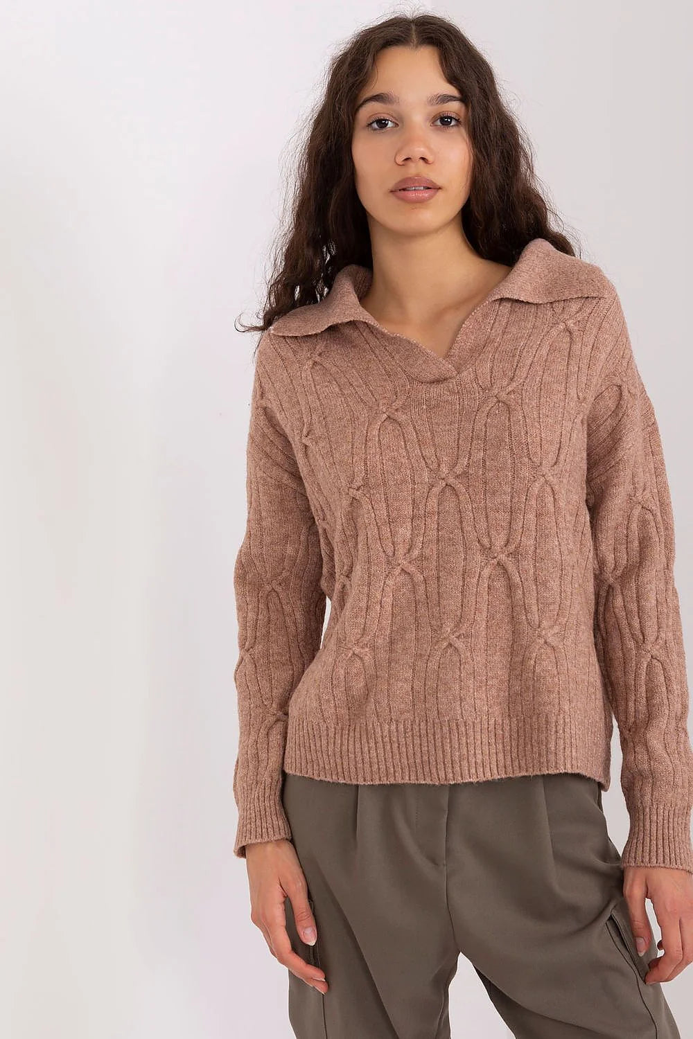 Pull femme décontracté élégant tricot torsadé couleur marron clair manches longues col V polo bords côtelés