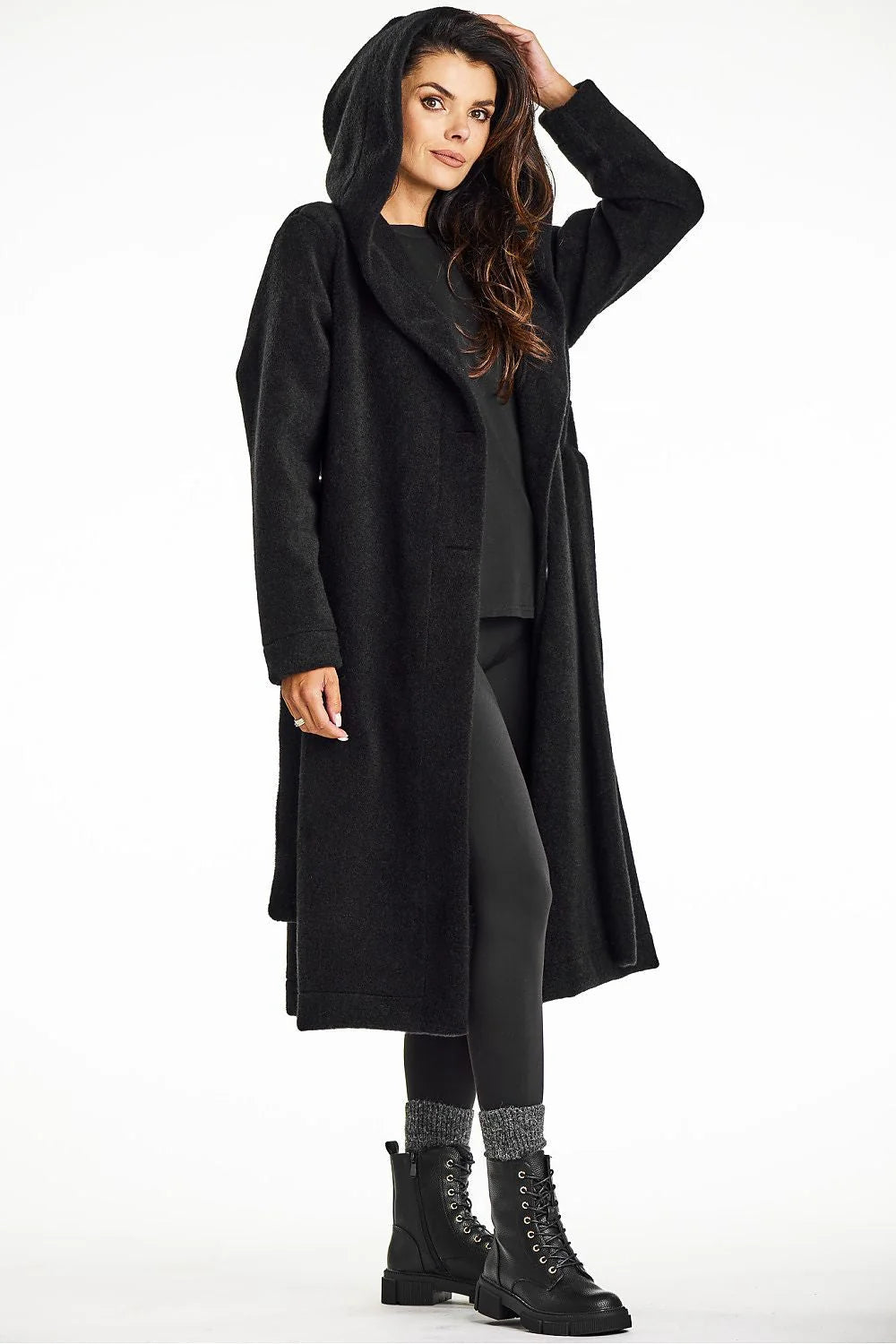 Manteau pour femme long noir à capuche et col châle en maille ourson AWAMA automne élégance style décontracté taille ajustable confort