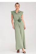 Combinaison pour femme élégante vert kaki matière fluide ceinture fleur boutons détails soignés style moderne coupe ample