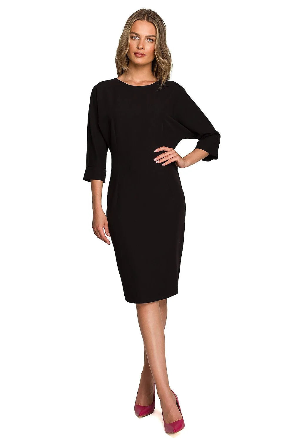 Robe classique élégante pour femme en vert émeraude, coupe droite, manches 3/4, col rond, fermeture éclair dissimulée, polyester, viscose, élasthanne