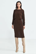 Robe de jour Nife couleur marron foncé maille côtelée manches longues raglan taille élastique robe midi femme
