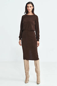 Robe de jour Nife couleur marron foncé maille côtelée manches longues raglan taille élastique robe midi femme