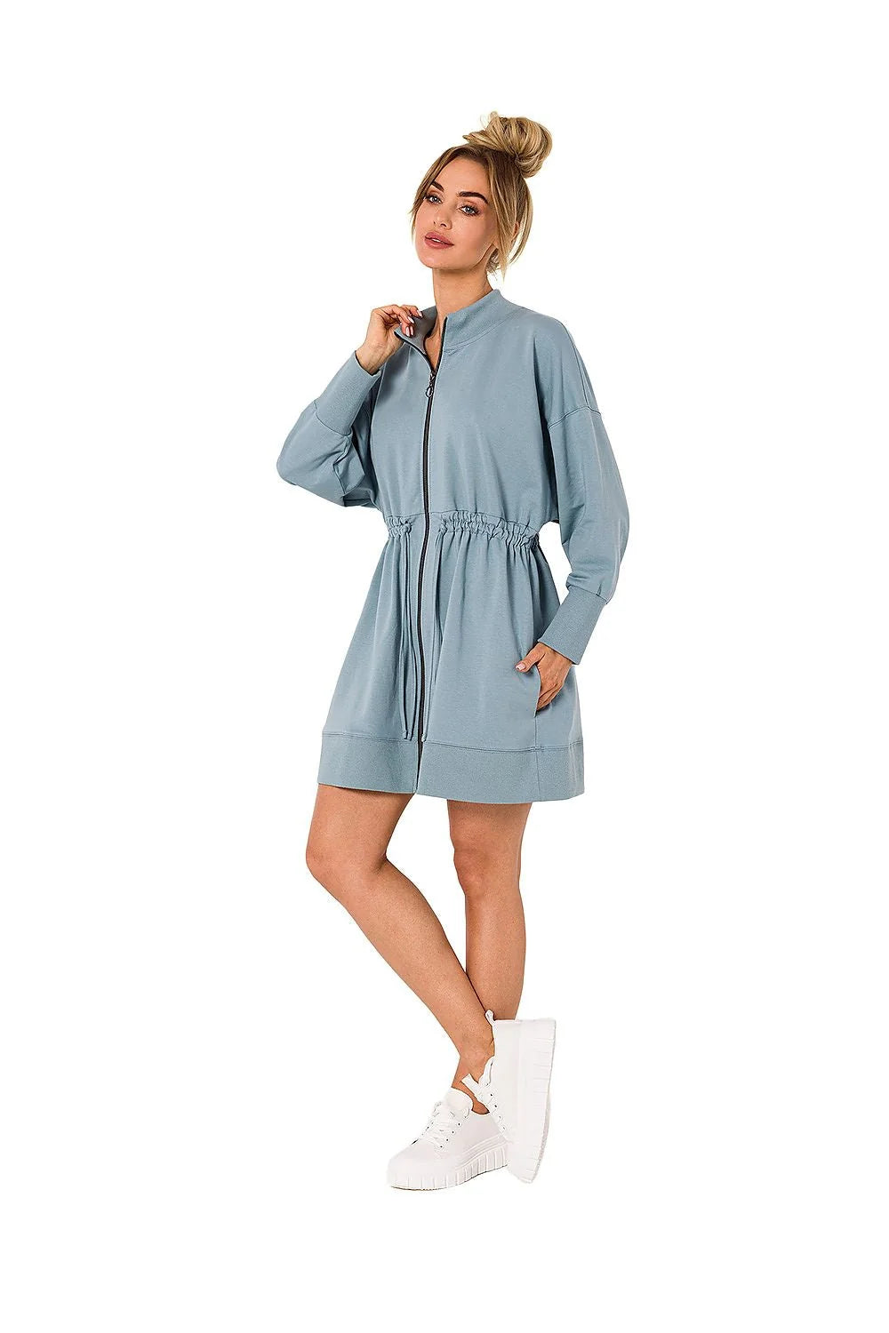 robe veston moderne décontractée sportive coupe fluide cordon taille manches longues col montant coton poches plaquées fermeture éclair vert vif