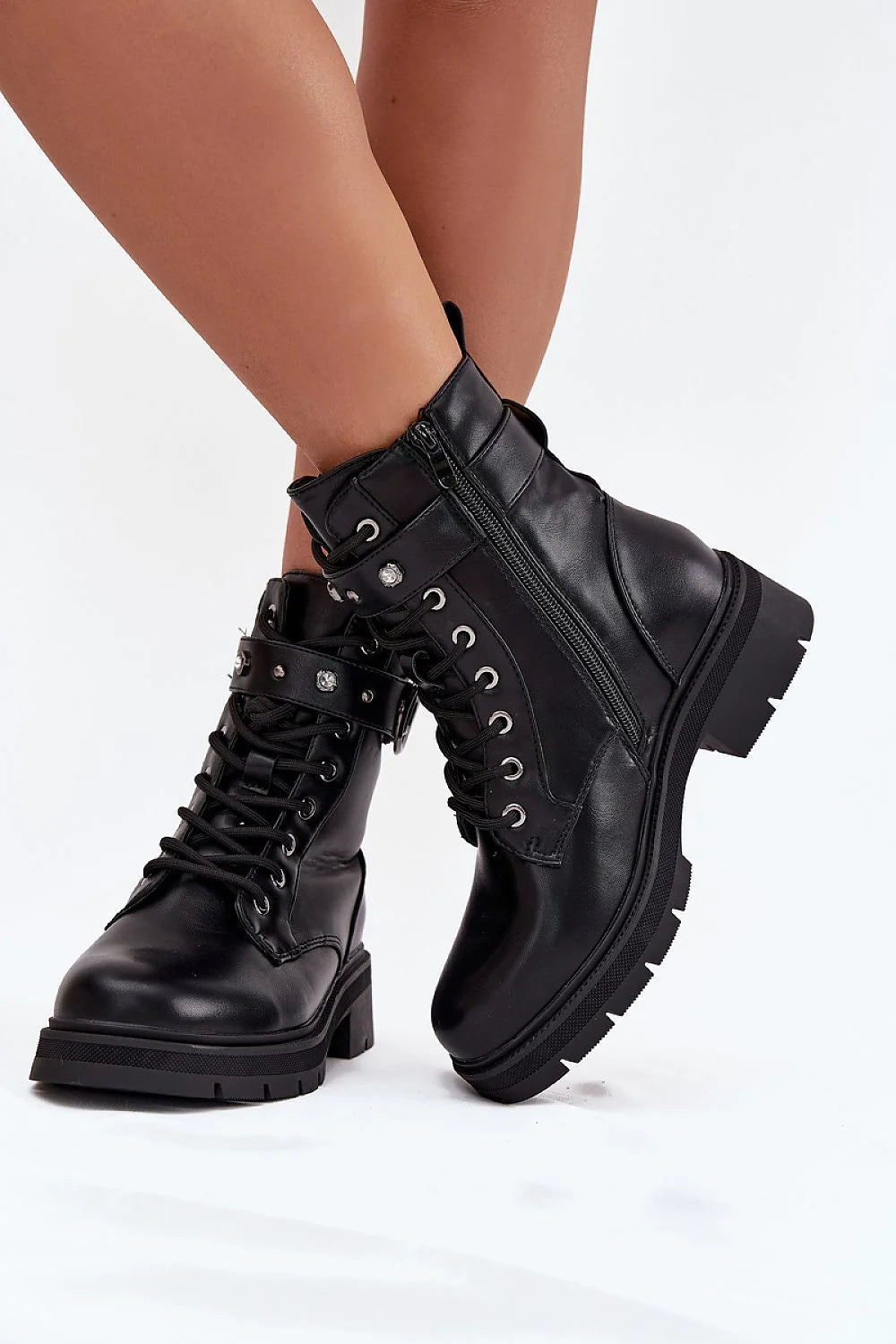 bottines femme montantes simili cuir lacées fermeture éclair doublure pelucheuse chaude bride boucle décorative semelle crantée antidérapante talon moyen motard