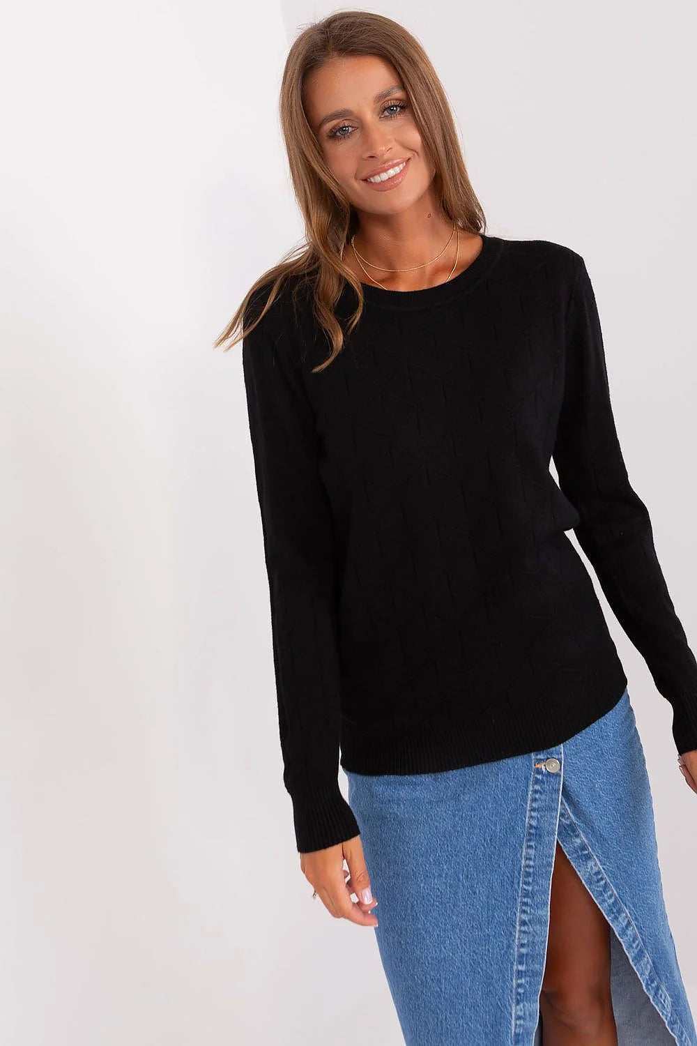 Pull et jupe asymétrique en coton et denim, manches longues, coupe ajustée, fente avant, femmes élégance casual